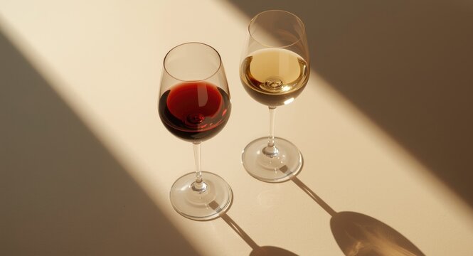 Wine glasses with red and white wine casting shadows in sunlight flat lay with copy space