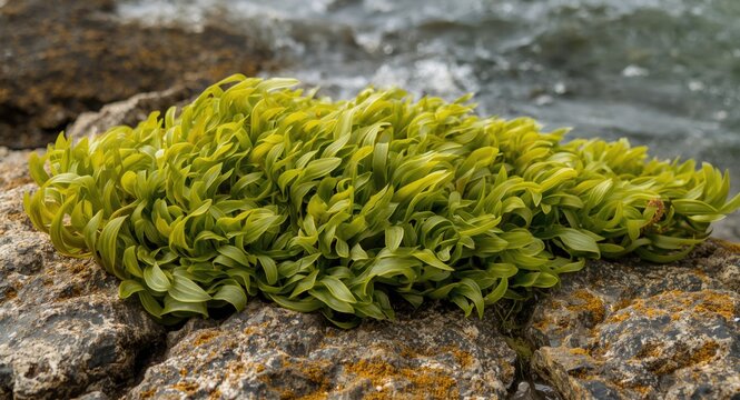 Sharp detailed shot of ulva lactuca seaweed flourishing on rocky oceanfront shore