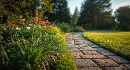 Fototapeta premium Stamped concrete stone path with lush grass bordering in garden