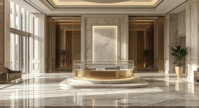 Upscale hotel lobby with golden podium and empty showcase ideal for product display