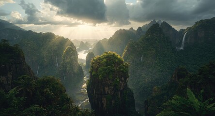 Elevated view of vibrant green island formations enclosed by steep mountains beneath a moody cloudy sky showcasing calm natural beauty