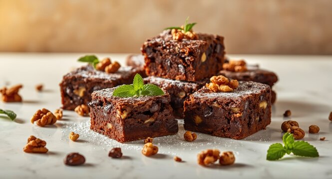 Delicious chocolate brownies with crunchy nuts and fresh mint flavor