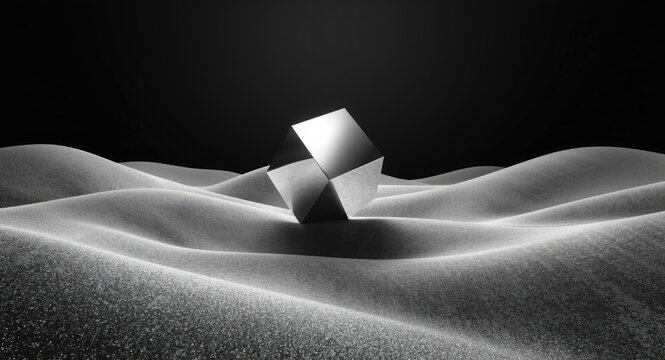 Fantasy terrain featuring a shining silver cube rotating in monochrome hilly area