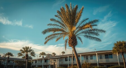 Obraz premium Curved palm tree with vintage beach resort charm beneath a cloudless summer sky