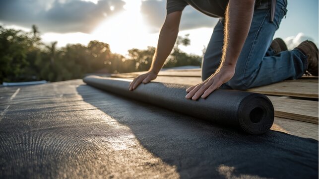 Close up of anonymous male construction worker unrolling black waterproofing bitumen membrane on flat roof. Home renovation, repair and building industry concept