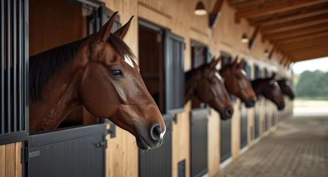Content horses looking out from clean stalls in a bright modern equestrian barn