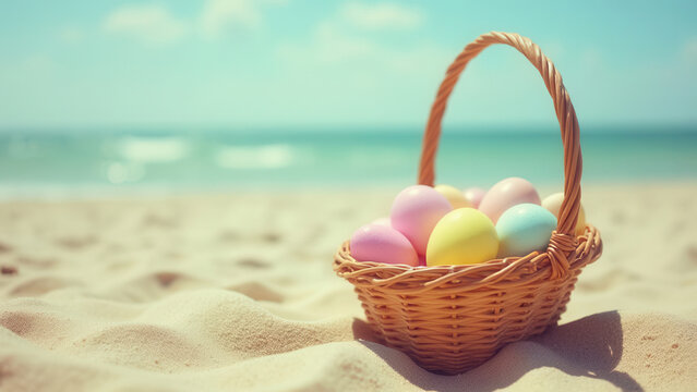 Retro easter basket at the beach gen ai