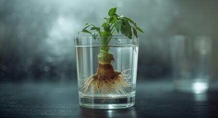 Sweet potato tuber developing roots in a glass of water for propagation