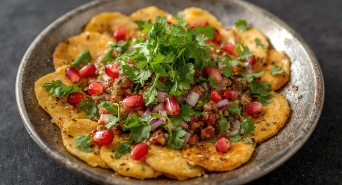 Zesty Indian chaat papri plate with fresh coriander and pomegranate seeds