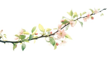 Obraz premium Elegant watercolor representation of a slender apple tree limb adorned with fresh leaves and blooming flowers in spring