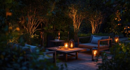 Fototapeta premium Night garden atmosphere with sleek furniture pieces, lantern lighting, and candle flames