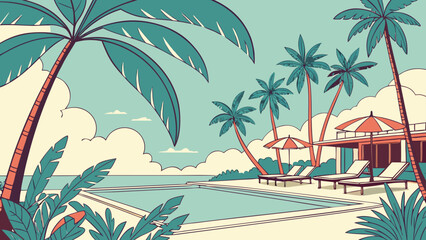 tropical beach with palm trees and sun