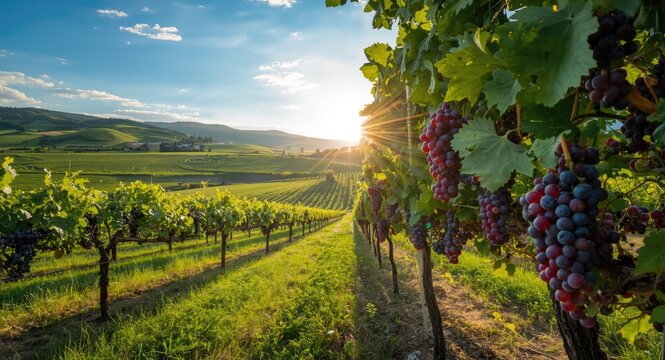 Organic vineyard producing red grapes amidst vibrant green farm fields and sun