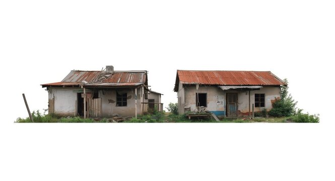 Poor urban housing with dilapidated shanties on white setting