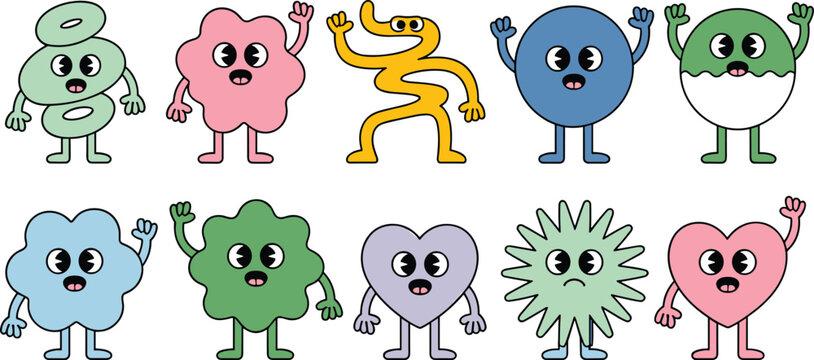 Playful cartoon character vector set with colorful abstract shapes, expressive eyes, cheerful design for children&rsquo;s media, education, and creative projects