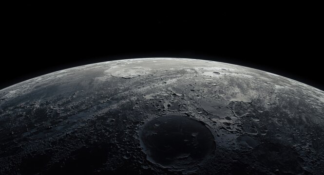AI generated panoramic view of the moon surface with dark space background