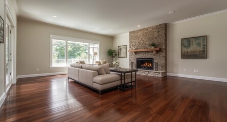 Spacious living room featuring hardwood flooring and a cozy fireplace in a new upscale residence