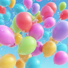 Colorful Pastel Balloons Floating in Blue Sky Celebration Background Generative AI