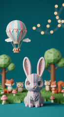 Fototapeta premium Colorful layered rabbit sculpture in forest scene with balloon and other animals, evoking childhood wonder and imaginative play, perfect for fairytale concepts