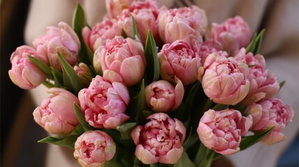 Naklejka premium A close-up of a bouquet of pink peony tulips with lush green leaves, showcasing their delicate petals and vibrant colors.