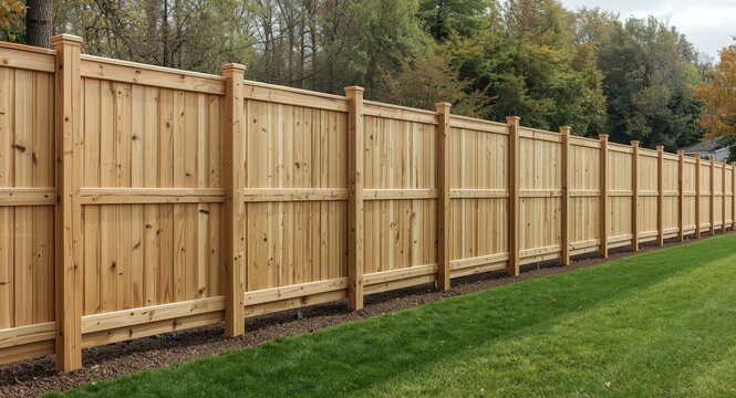 Recently installed wood fence supported by heavy timber posts