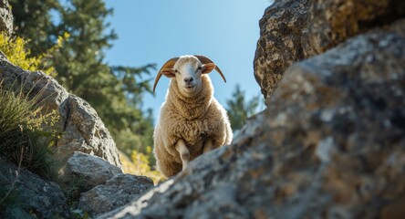 Happy sheep climbing a large rock in a sunny mountain crevasse on a summer day