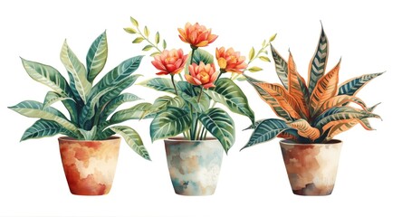 watercolor art showing three radiant potted plants with texture