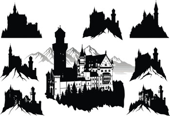 Fototapeta premium Collection of black and white vector illustrations of a grand castle silhouetted against mountains, showcasing intricate details and dramatic perspectives.