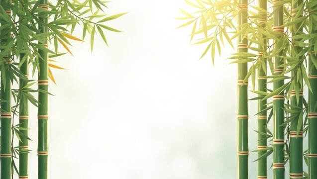 Green bamboo stalks frame a bright, blurred background, with sunlight filtering through the leaves