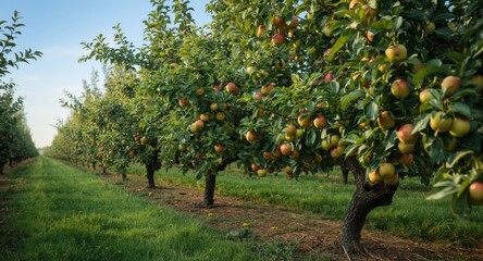 Green apples ripening on sprawling trees in a peaceful apple farm