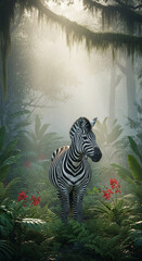 Fototapeta premium Zebra with black and white stripes standing in a lush, green jungle environment. Symbolizes wild animal, exotic habitat, and nature conservation