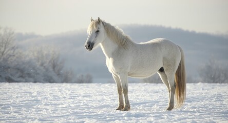 Beautiful perlino horse with thick winter coat in snow