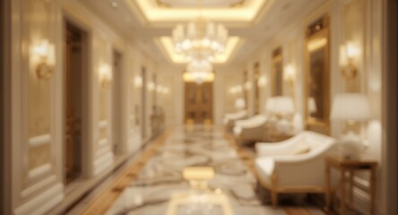 Fototapeta premium Blurred luxury hotel corridor illuminated with soft glowing gold tones and chic white and gold furniture design background