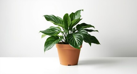 Fototapeta premium Terracotta potted Alocasia Wentii featuring lush dark green foliage on uncluttered white background