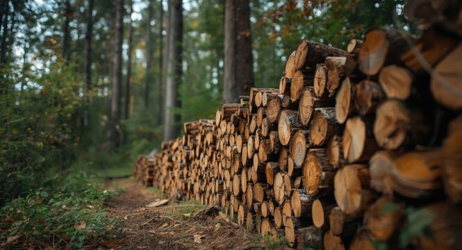 Wood cuttings left by forest edge of broadleaf tree stand