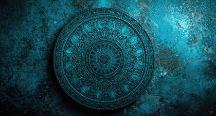 Turquoise mosaic plate showcasing detailed ornate patterns against textured turquoise surface enhancing artistic expression