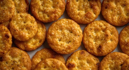 Birds eye photo of crispy baked cheese crackers snack with ample copy space for images