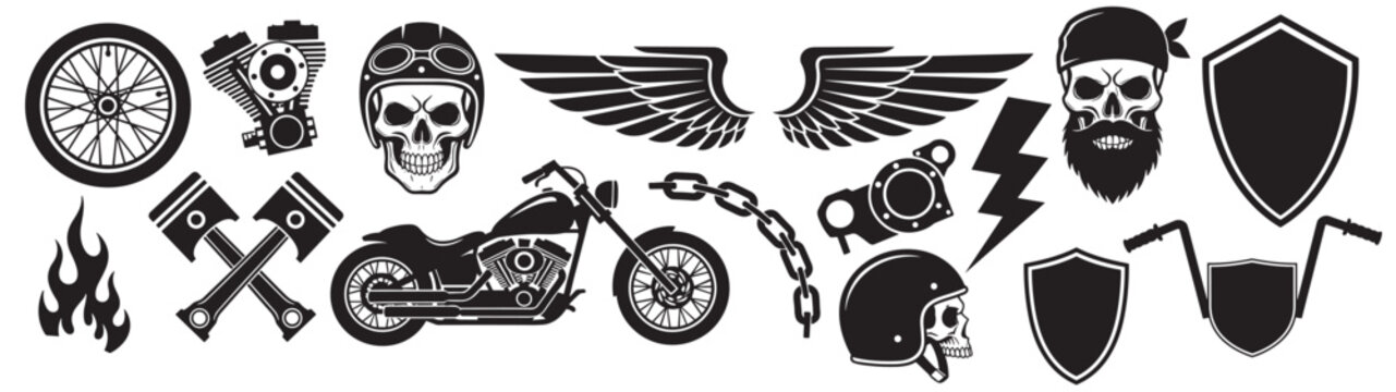 Biker motorcycle skull set with chopper, helmet, wings, pistons, chain, shields and engine elements, vector silhouette collection on transparent background