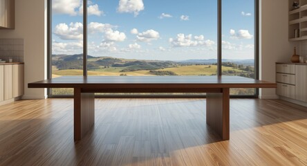 Fototapeta premium Wooden rectangle table in front of kitchen with natural horizon and hardwood floor