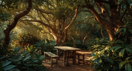 Tranquil rustic dining spot with wooden furniture surrounded by dense natural foliage