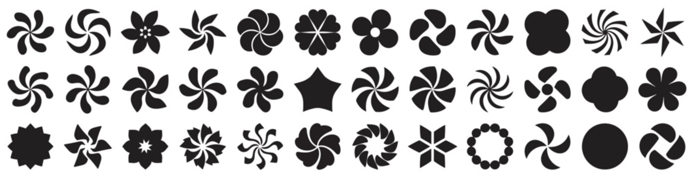 Abstract floral swirl rosette shapes collection, decorative geometric flower symbols vector set on transparent background