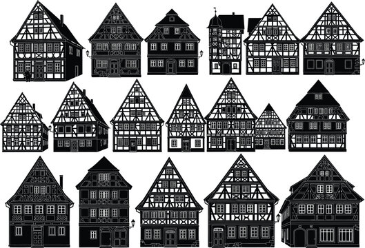 Extensive collection of black and white vector illustrations featuring diverse traditional timber-framed houses.