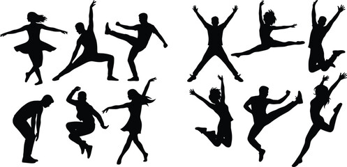 Dynamic dancing people silhouettes set, energetic jump action poses black vector illustration isolated on white background for creative design