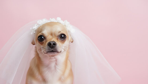 Adorable novia chihuahua con velo blanco sobre un fondo rosa suave. Lindo retrato de mascota para boda.