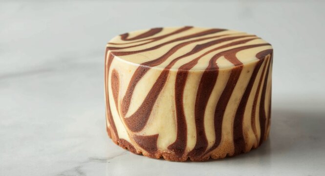 Distinctive zebra striped cake made from gently mixed light and dark marble batters