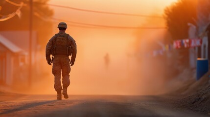 Obraz premium A man in a military uniform walks down a dusty road