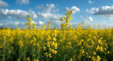 Obraz premium Seasonal yellow canola blossoms thriving under a crisp blue sky panorama