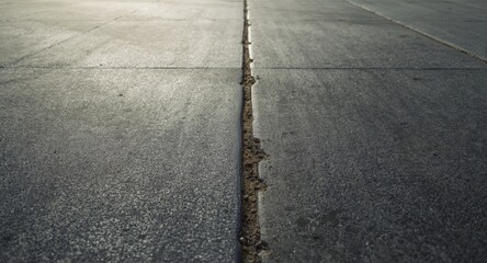 Close up of concrete pavement grooves with dirt in between, smooth minimal background with copy space