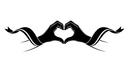 Black silhouette of hands forming a heart shape with fingers intertwined.