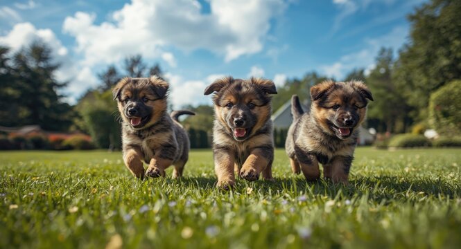 Merry Norwegian Buhund puppies involved in joyful playtime on a sunny summer day with a full length view of the green lawn